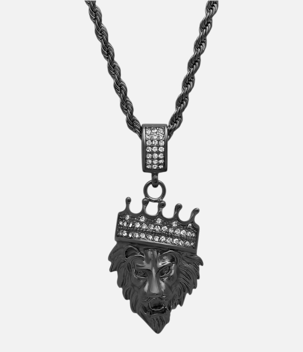 Steeltime Black Stainless Steel Necklace Chain - Lion with Crown - New